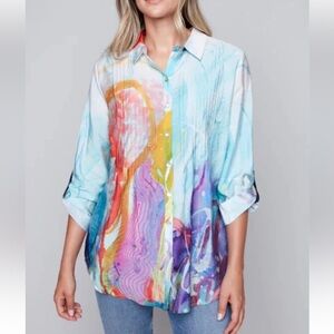 NWOT Claire Desjardins Button Up Blouse Abstract Wearable Art Colorful Rainbow